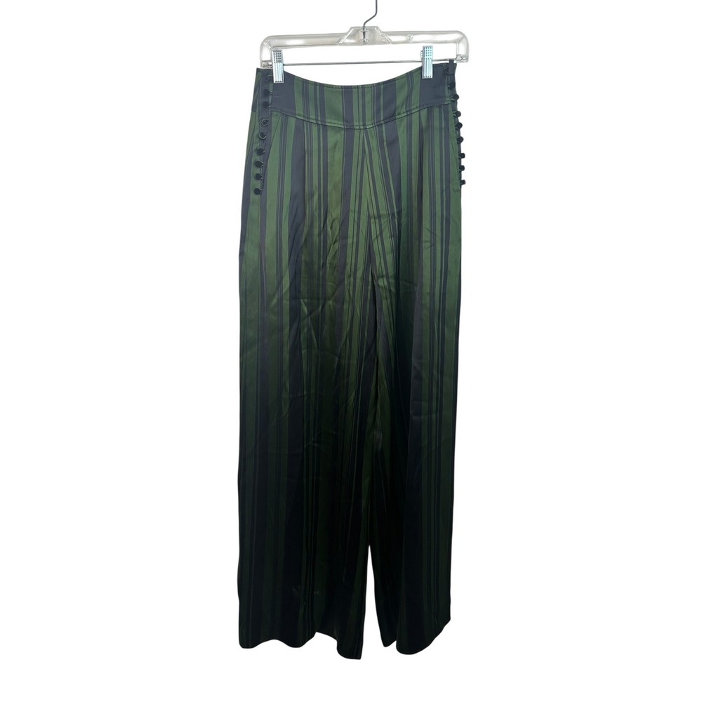 Adeam Striped Wide Leg Trousers Women 4 Green Black Excellent Side Button Satin